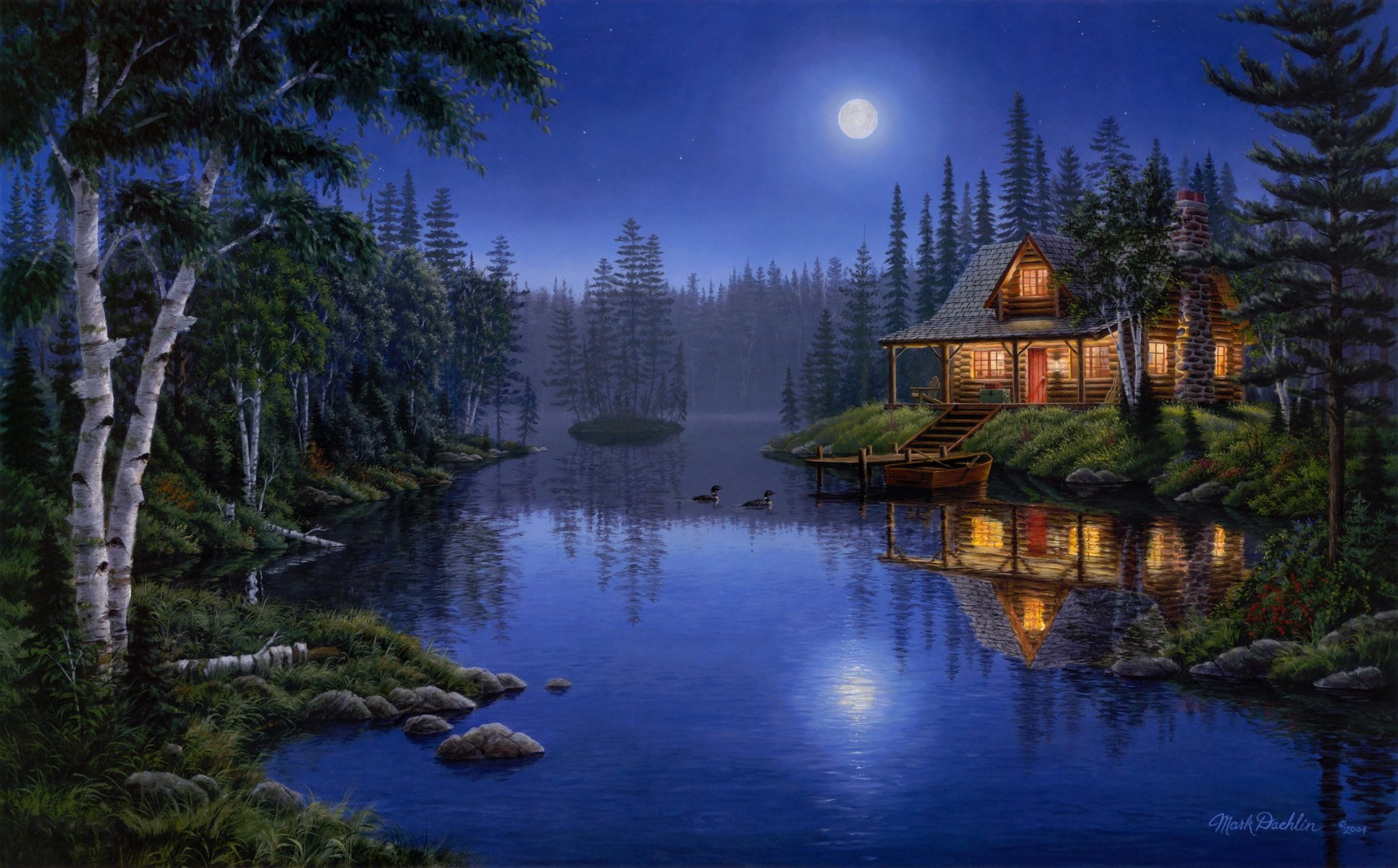 chiaro di luna serenata mark daehlin foresta lago luce casa notte luna chiaro di luna pittura anatre