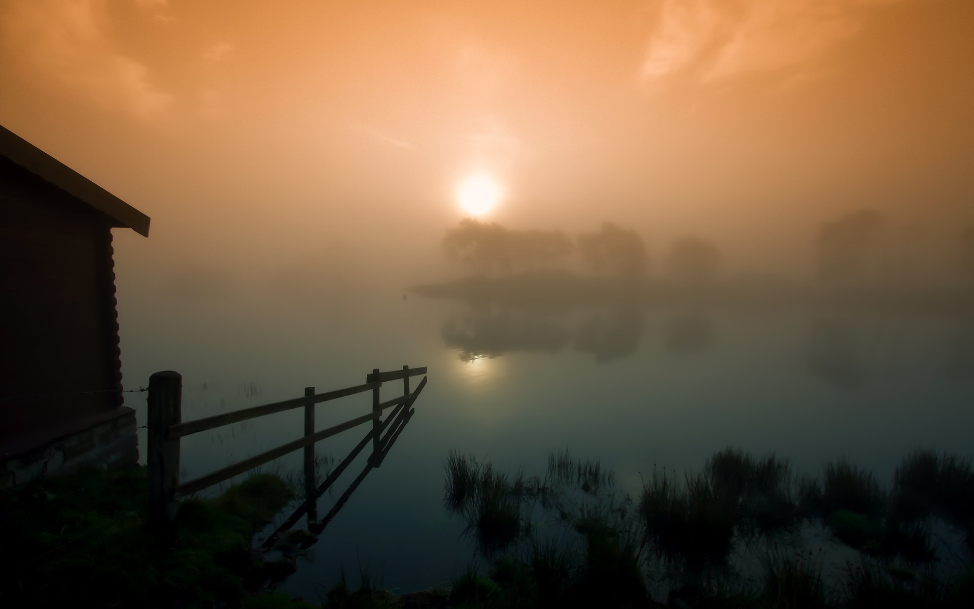 cotland fog sunset sun lake sarah fence