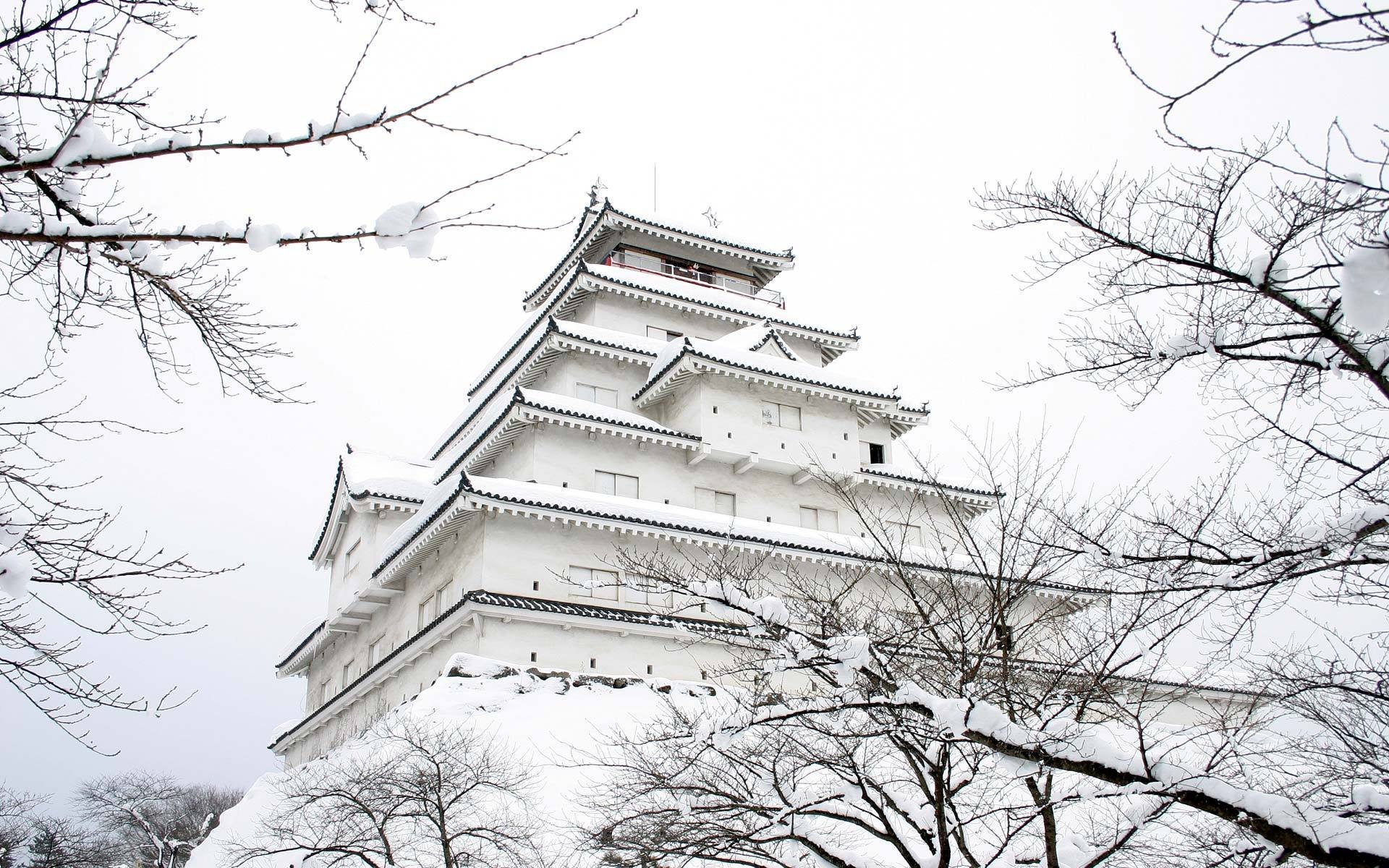 japonia zamek śnieg zima ogród