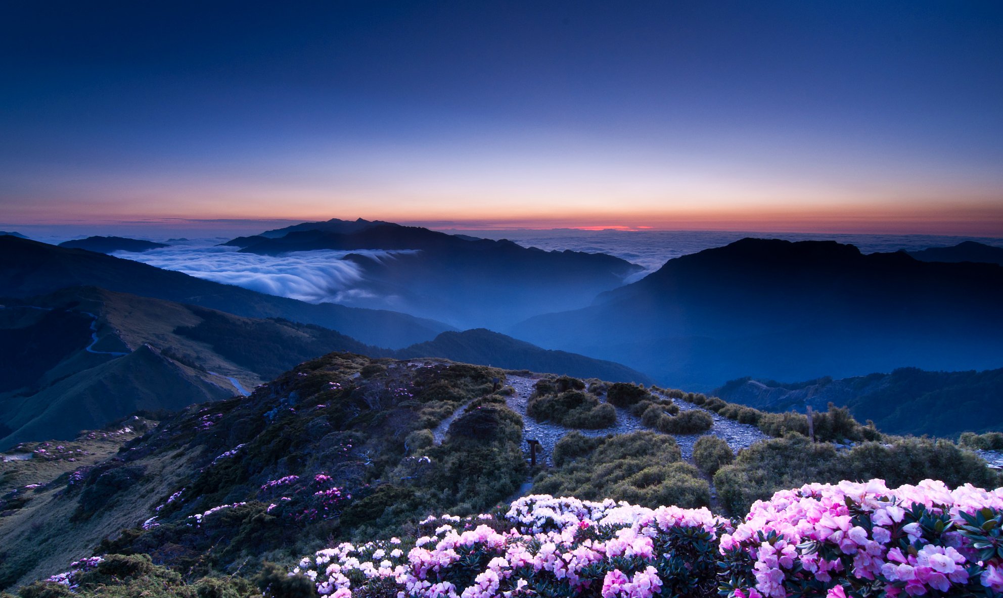 sera arancione tramonto blu cielo montagne colline foschia rosa fiori altitudine vista