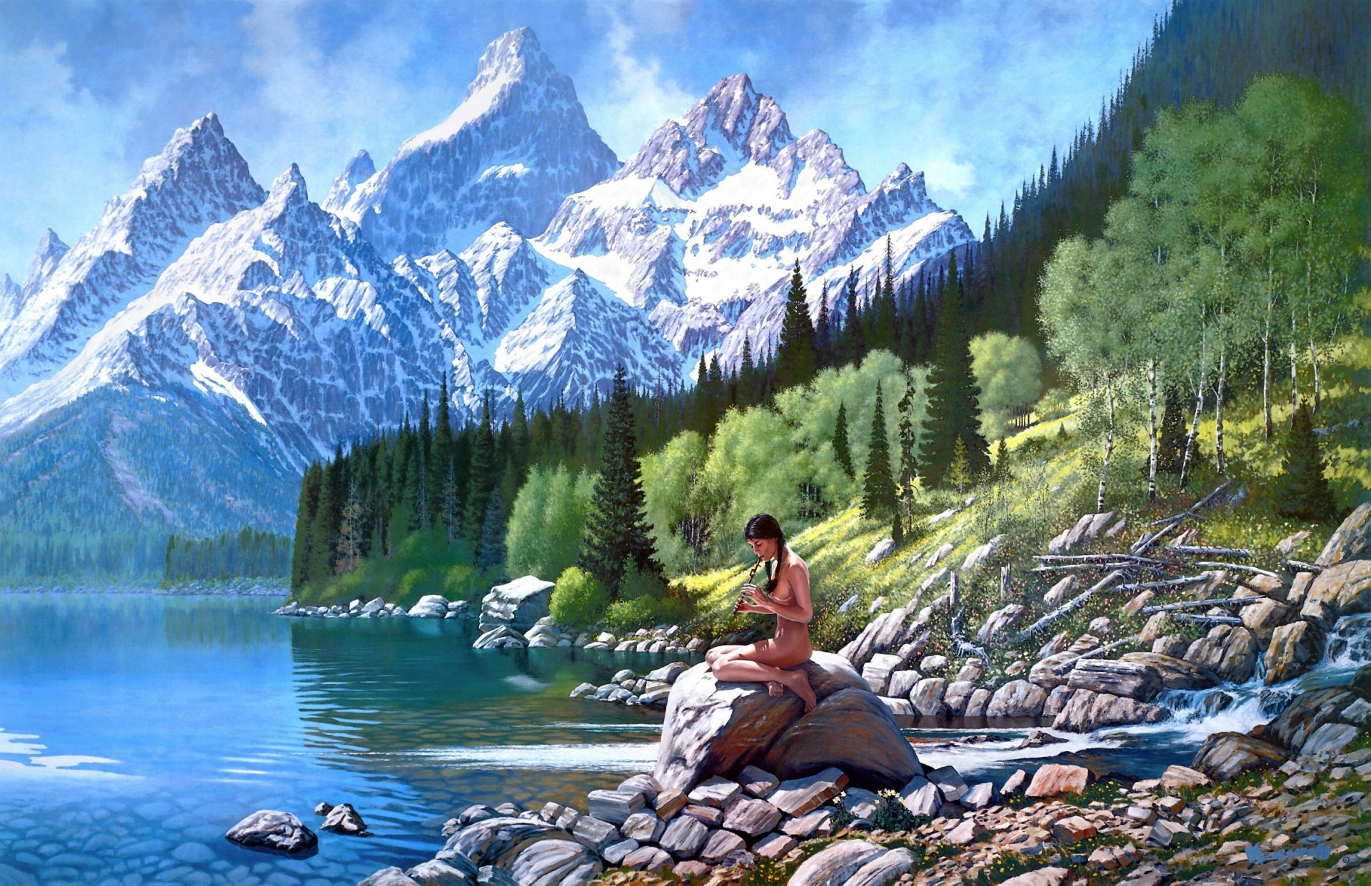 roy kerswill paysage rivière fille montagnes forêt arbres art