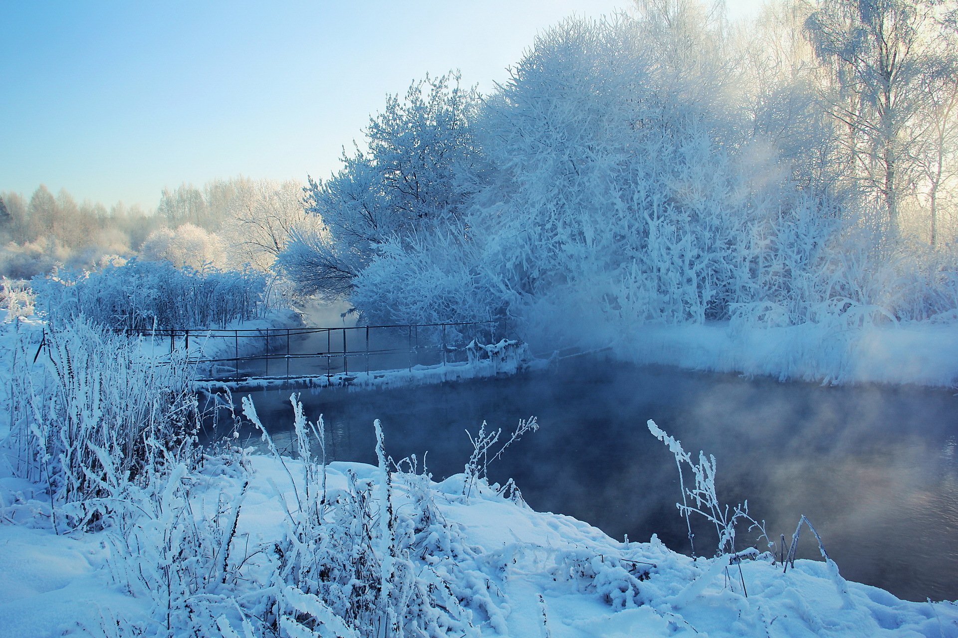 zima rzeka most śnieg drzewa