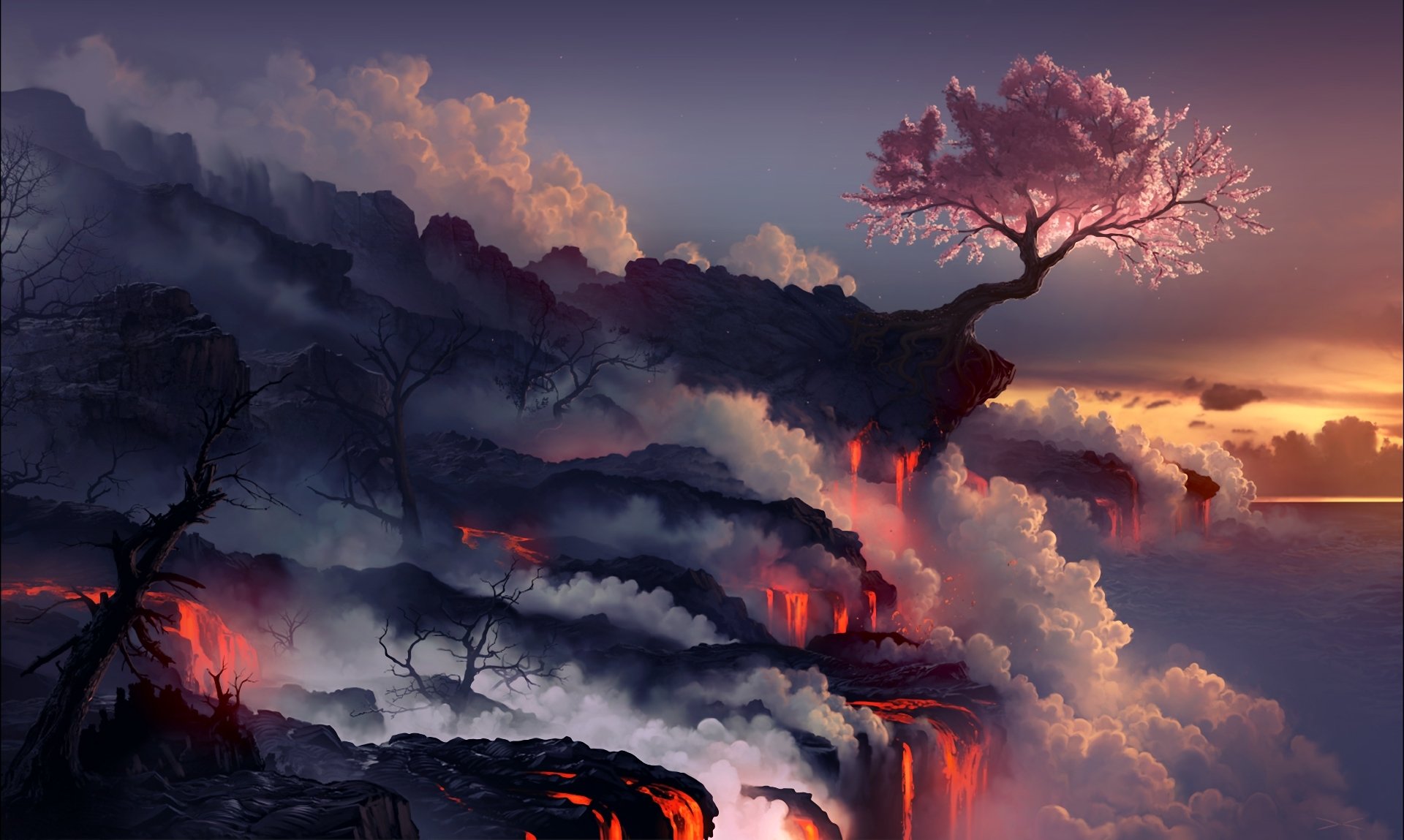 kunst arcipello landschaft felsen baum sakura vulkan lava rauch meer