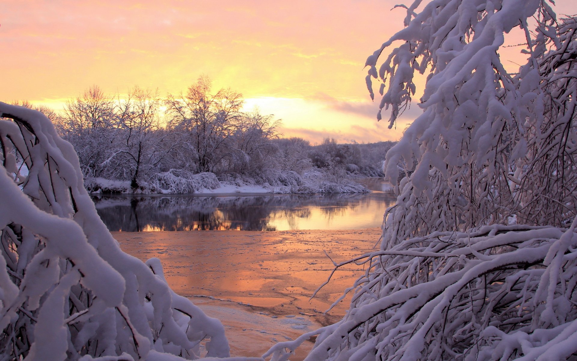 winter fluss schnee sonnenuntergang