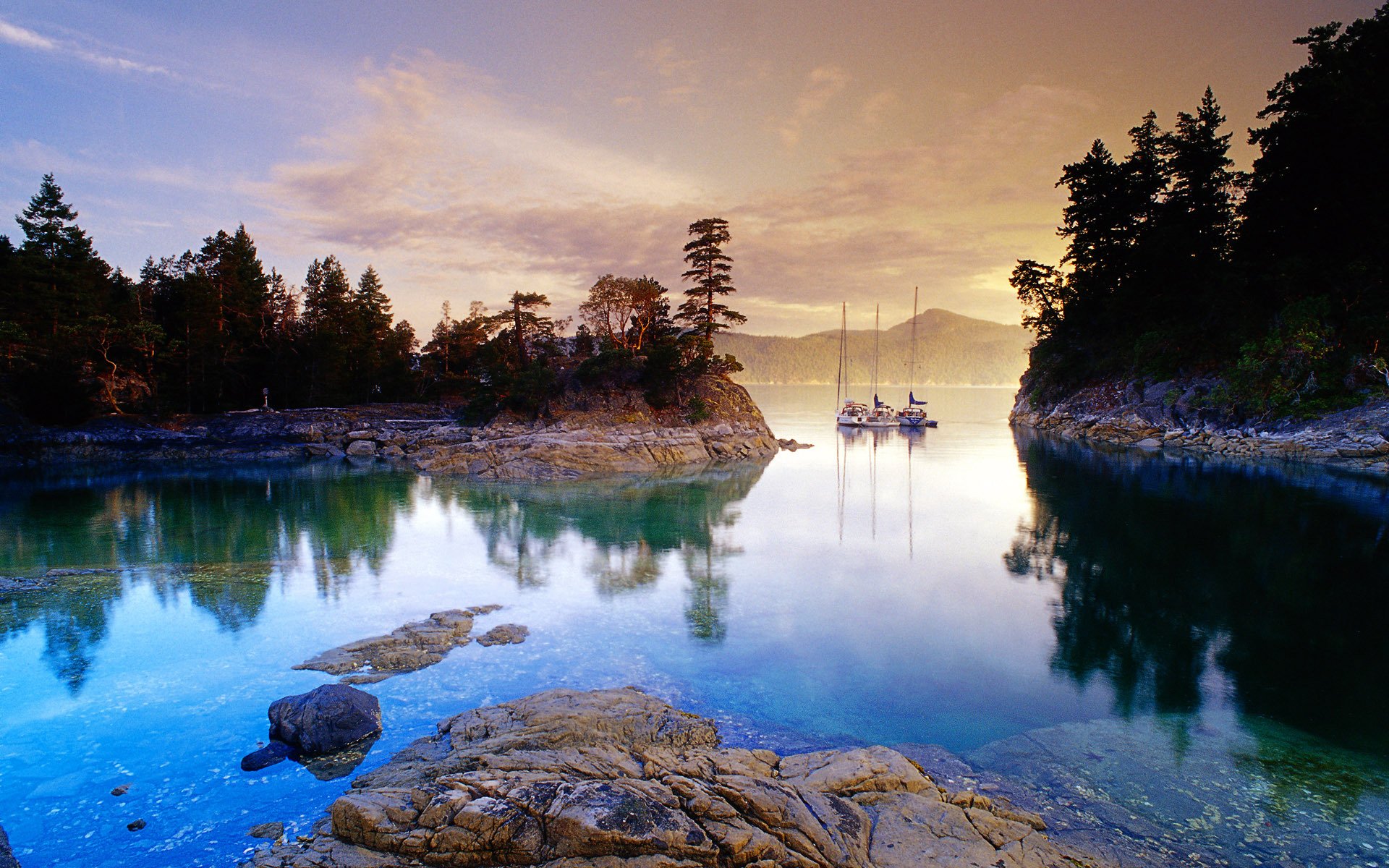 landscape nature harbor lake water reflection forest trees rocks sky clouds paints colors 1920x1200