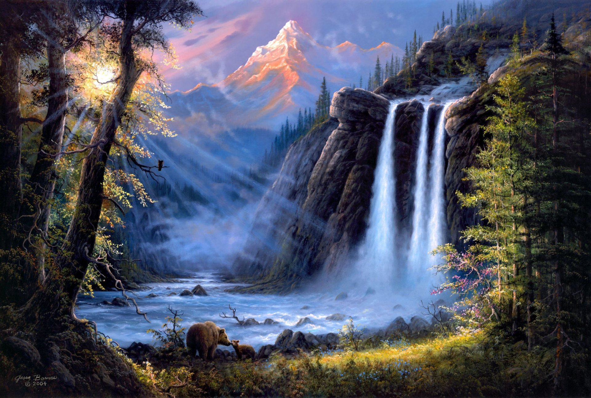 jesse barnes landscape art river waterfall bears forest mountain