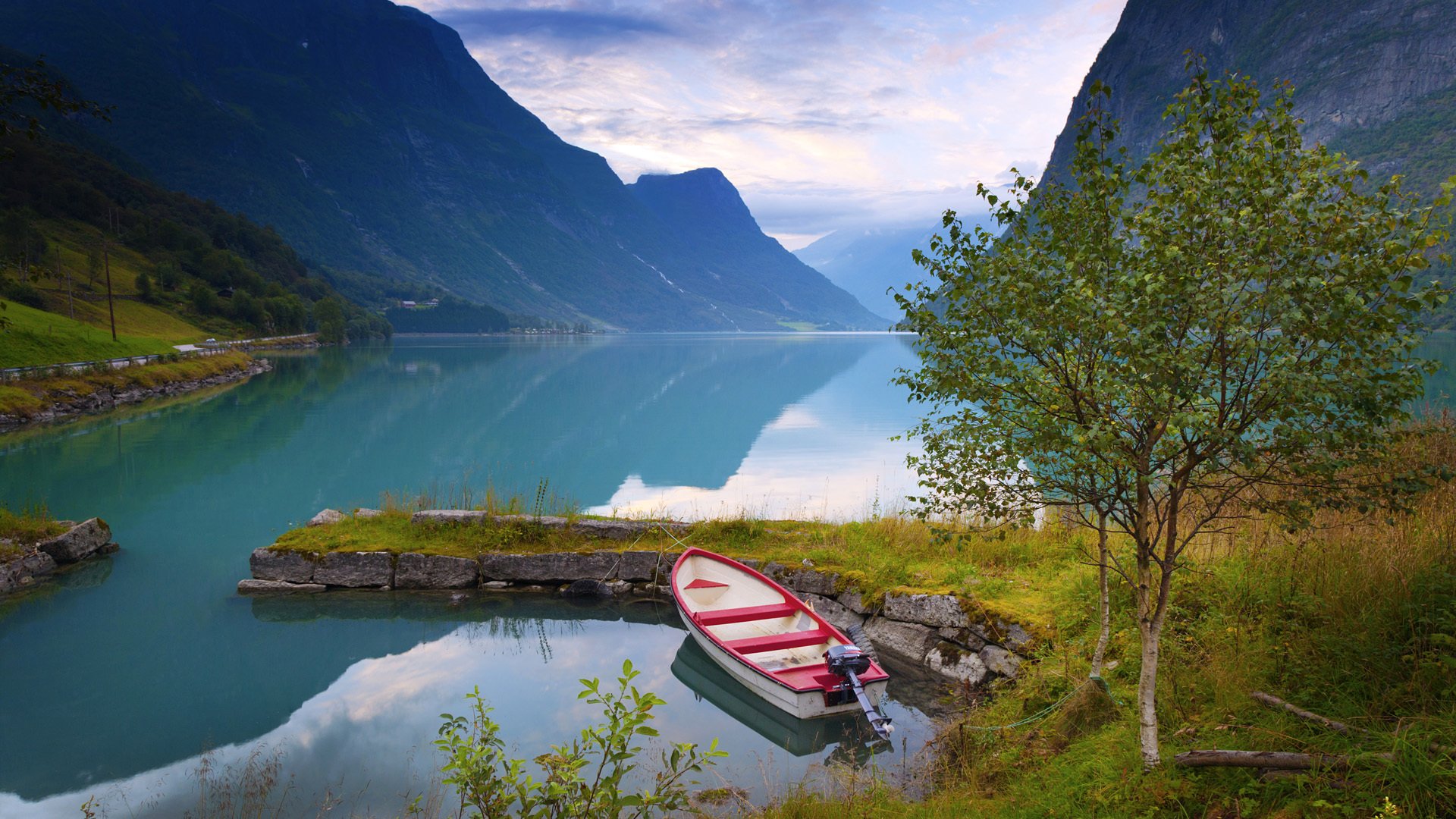 nature lake boat norway mountain birch tree