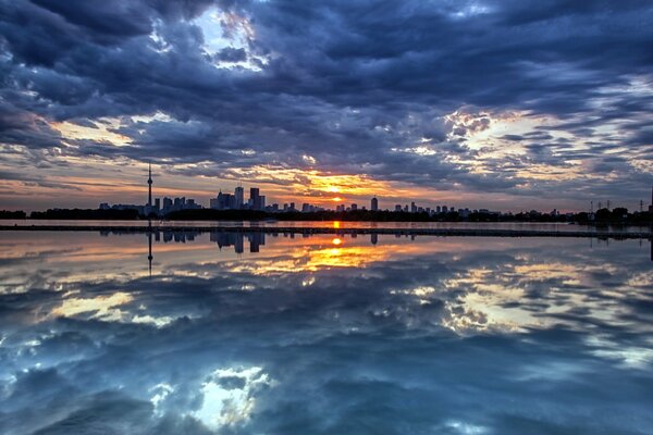 Sunset landscape of the evening city