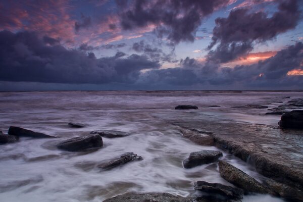 Rocky seashore in the evening