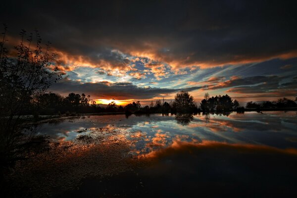 The sky in the lake of the night landscape