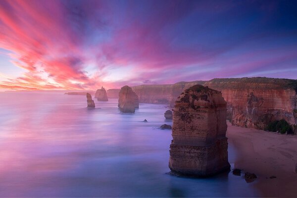 Rock relief in the pink light of sunset