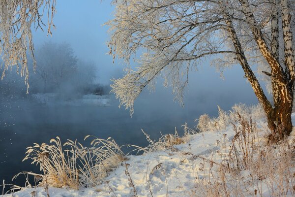 A misty river on a winter landscape