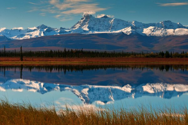 Reflet des montagnes, du ciel et de la forêt dans la rivière