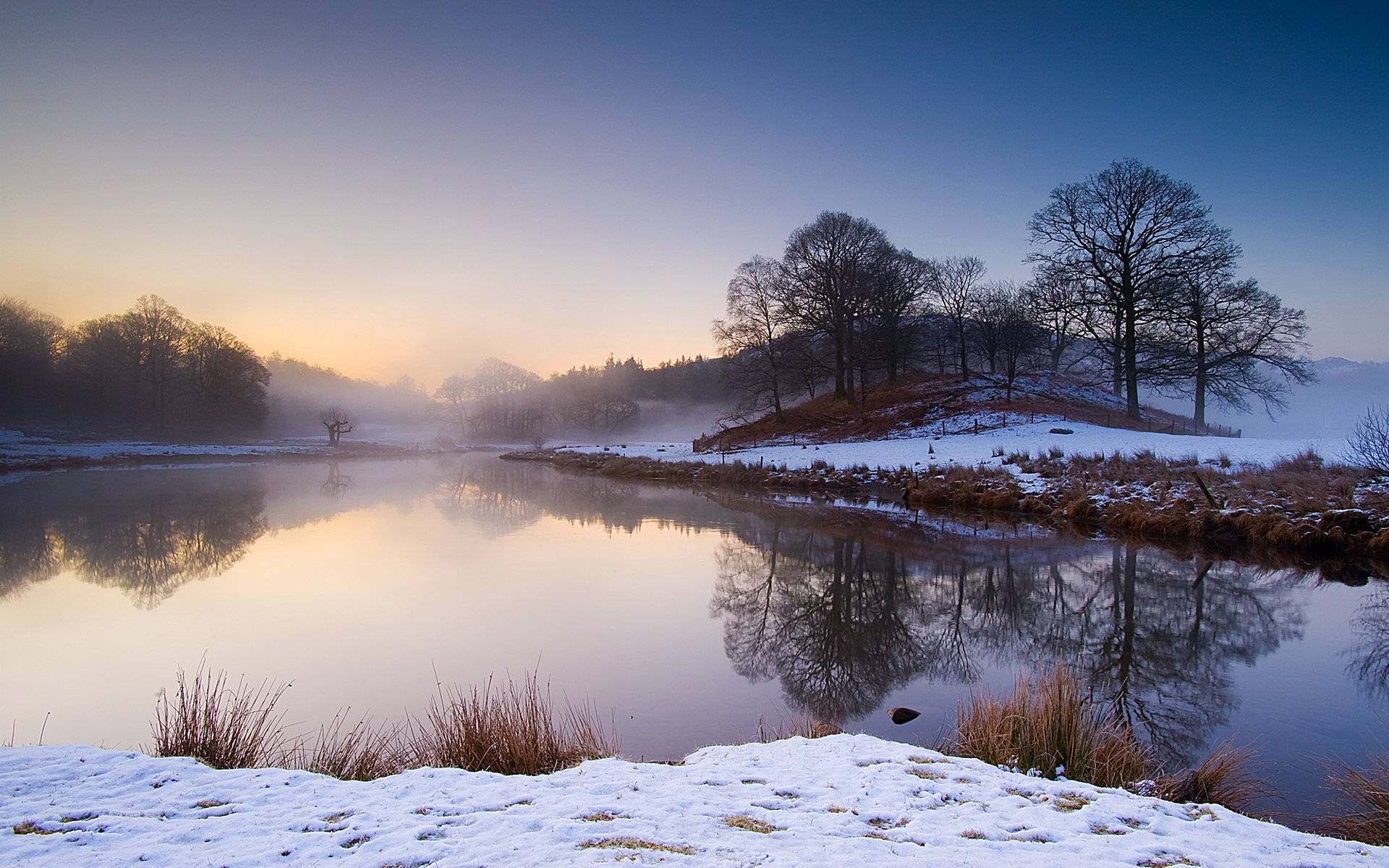 natur landschaft fluss ufer bäume winter schnee morgen