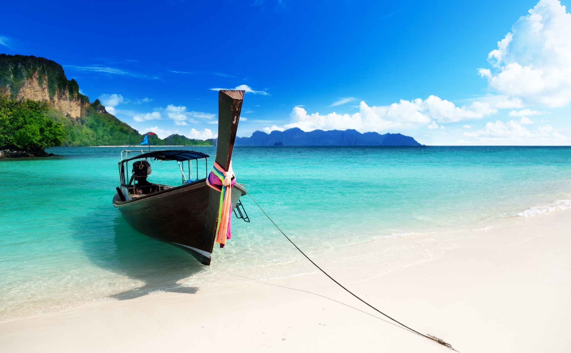 beach sea ocean shore boat azure sky clouds landscape