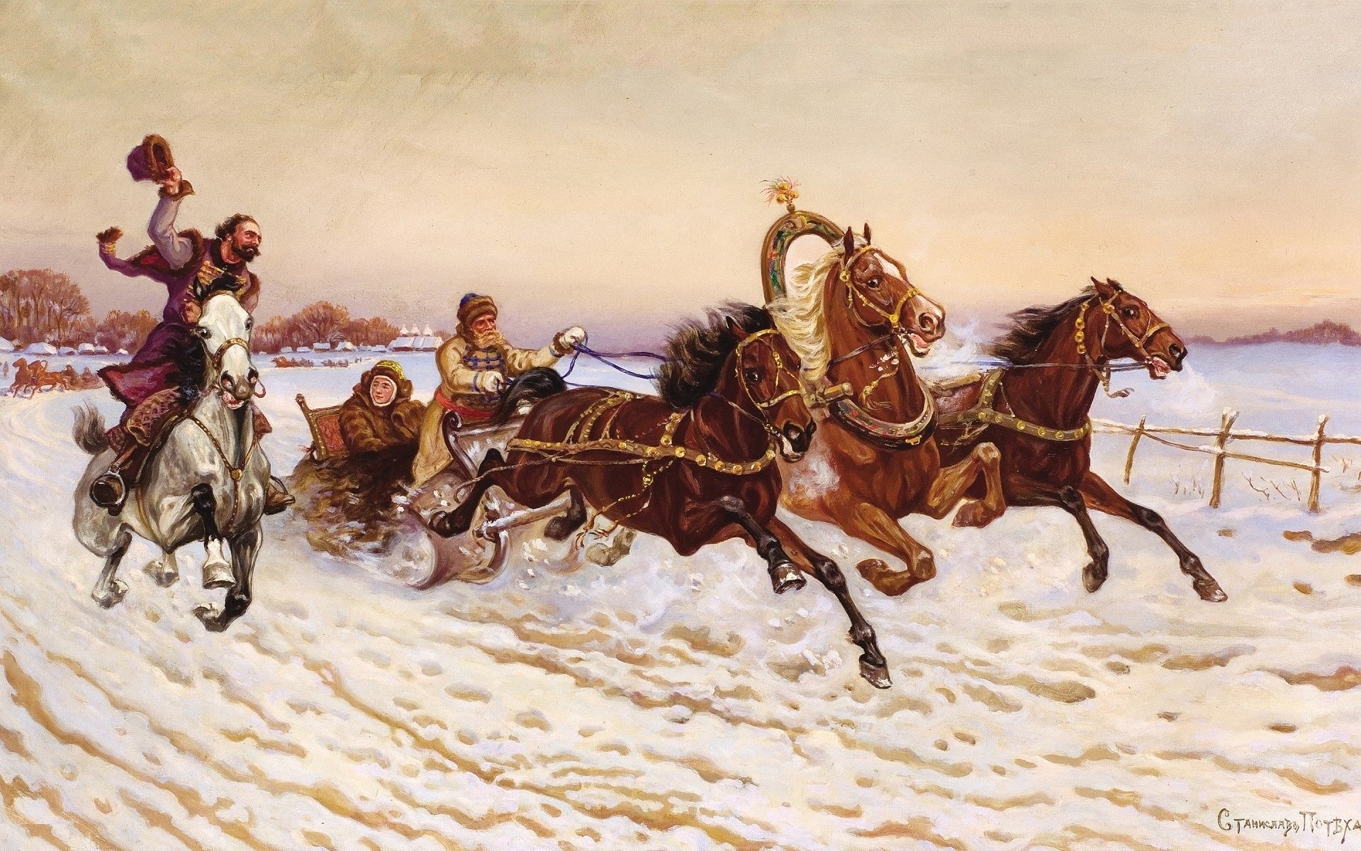 tanislov diversión pintura cazador saludo troika en invierno invierno paisaje invierno urpiazhka troika caballos caballo blanco trineo gente campo pueblo