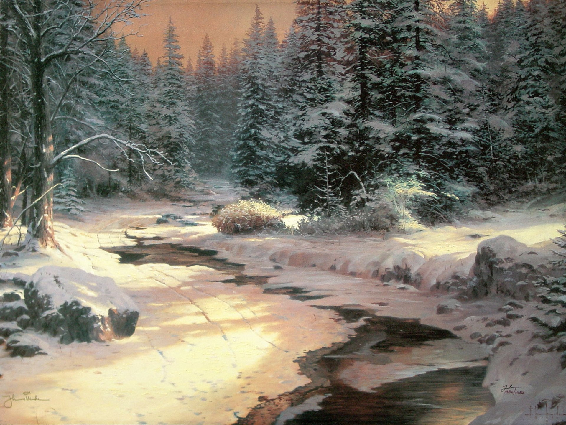 landschaft thomas kincaid winter fluss schnee fichte