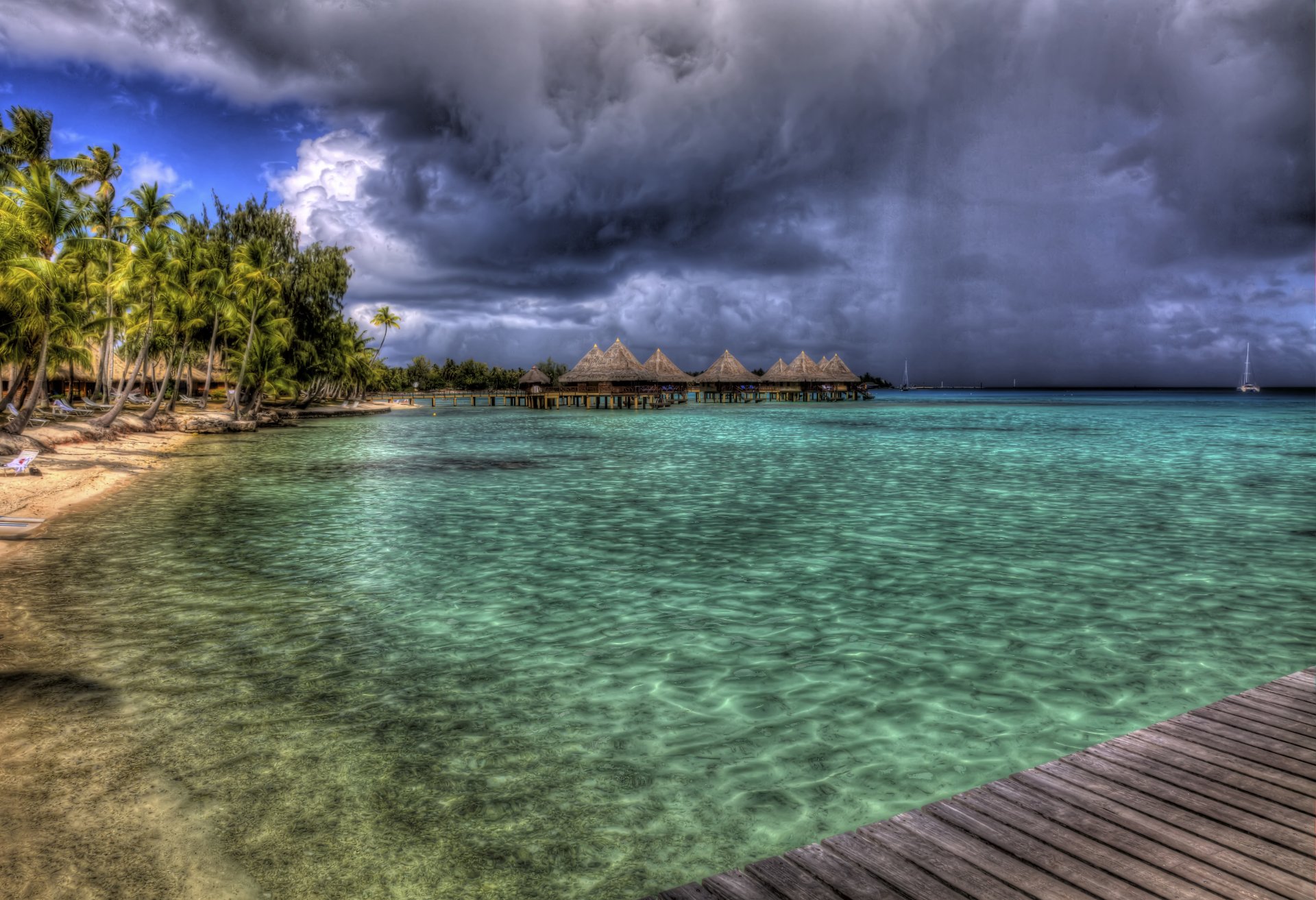 bora bora plage mer palmiers détente paysage architecture villas