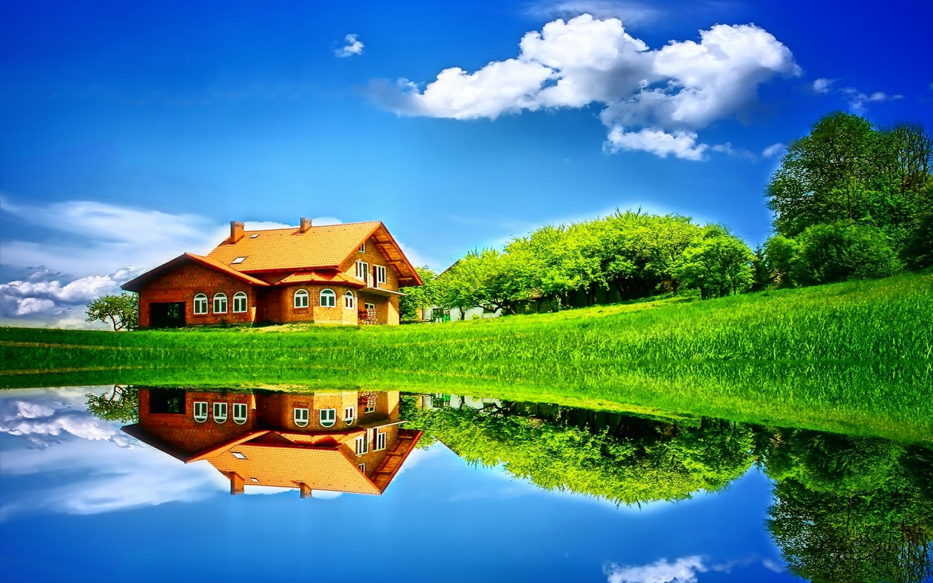 paysage nature été maison maison arbres arbre ciel nuages champ lac prairie herbe eau réflexion