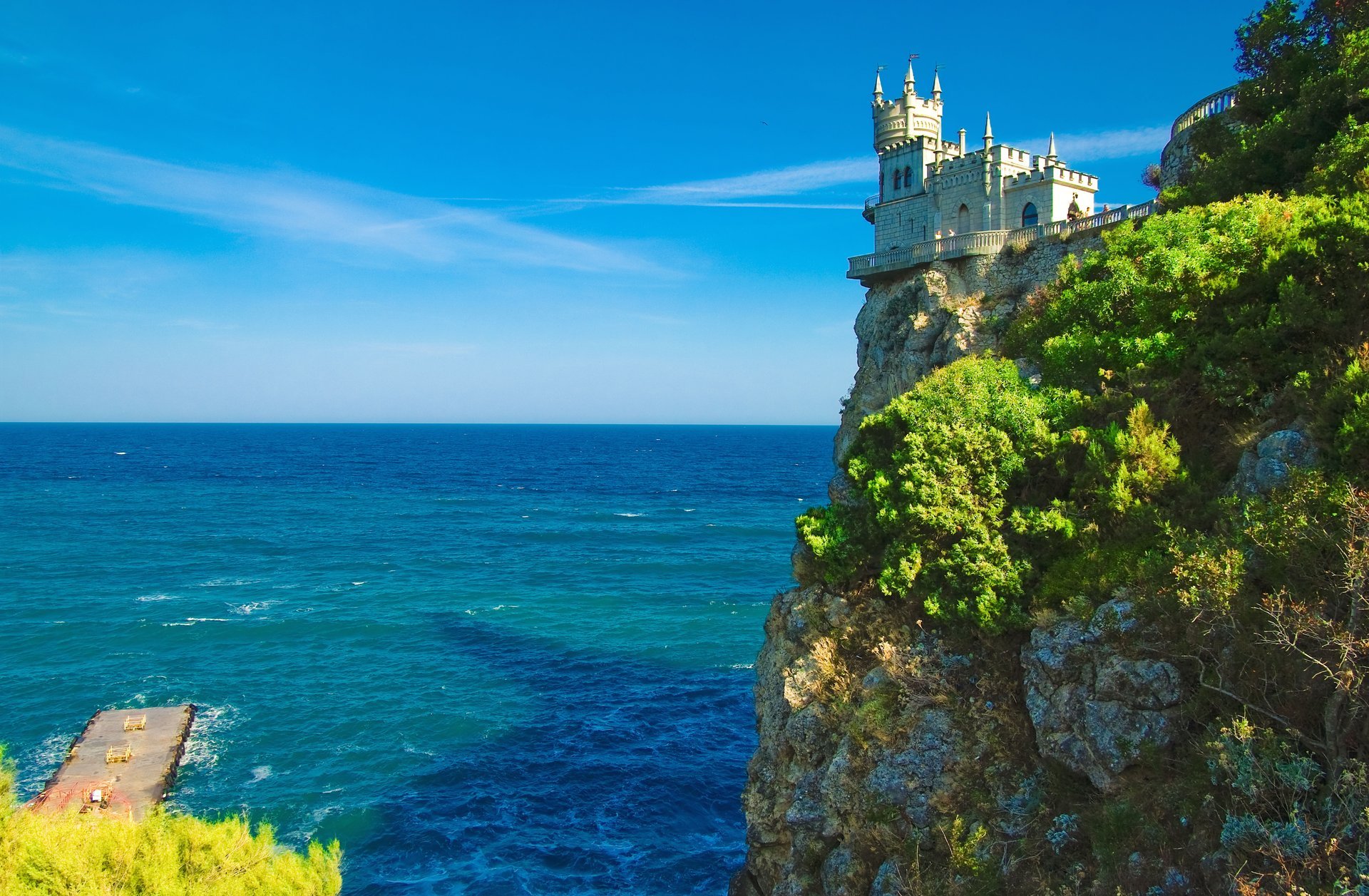 oldtime castle castle swallow s nest crimea ukraine rock sea blue beach pier landscape horizon