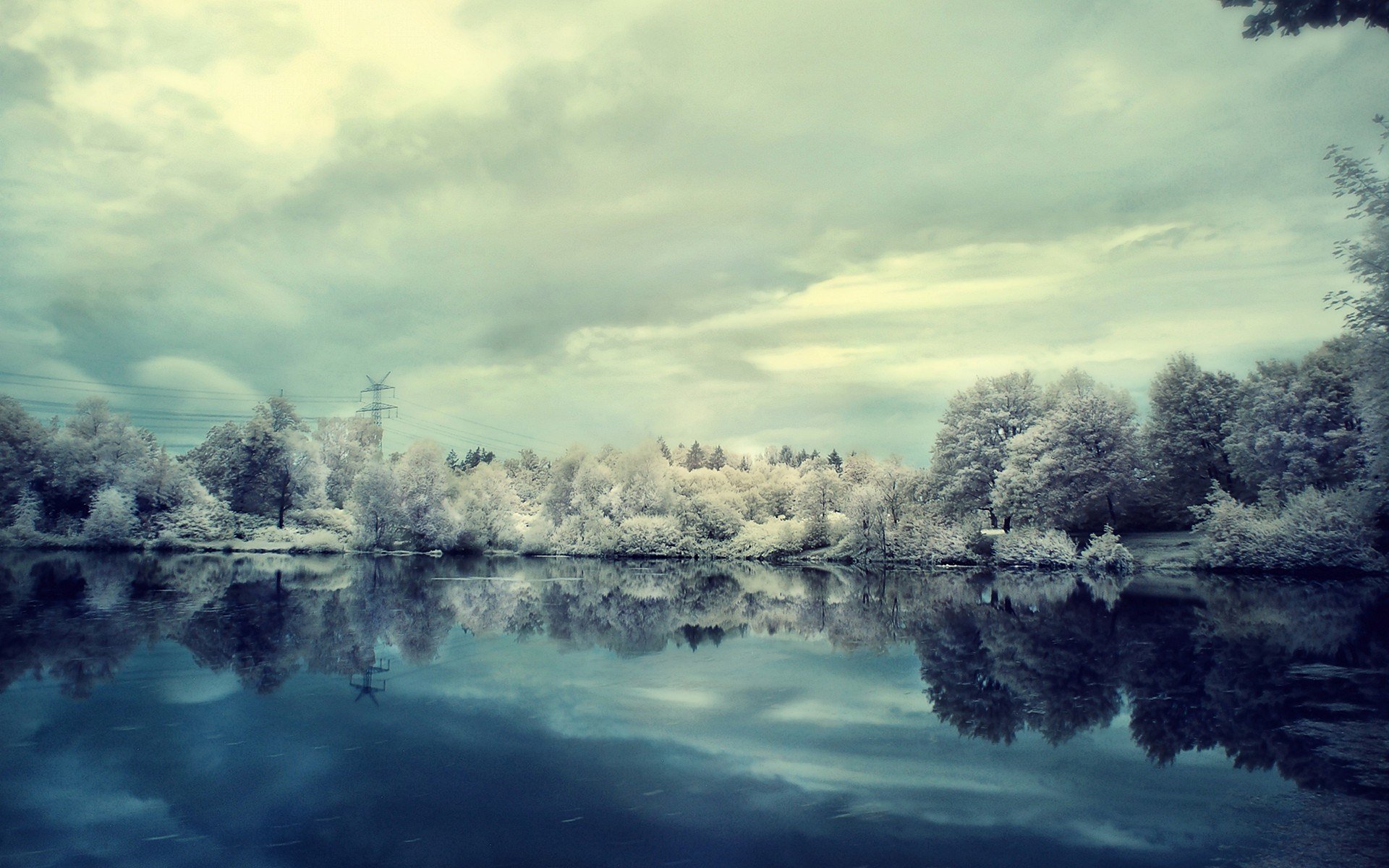 invierno nieve escarcha lago árboles nubes nublado