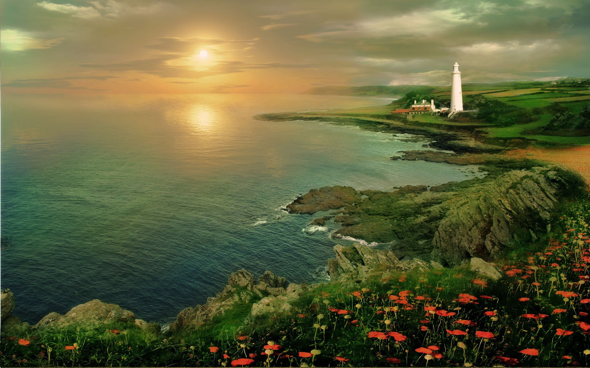 costa faro arrecifes océano mar pendiente colinas campos rojo amapolas dal horizonte cielo puesta de sol