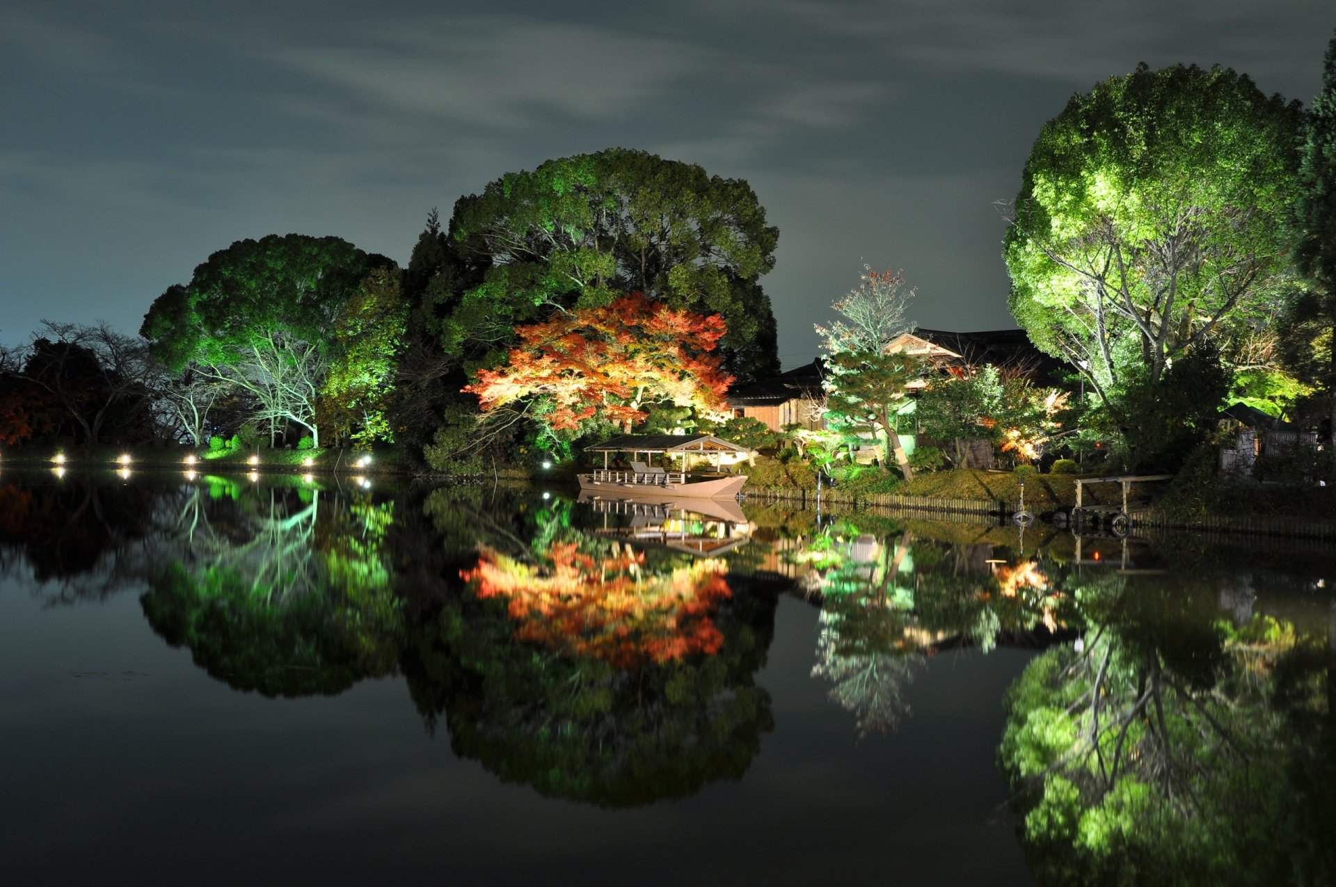 japón otoño árboles casa barco reflexión río