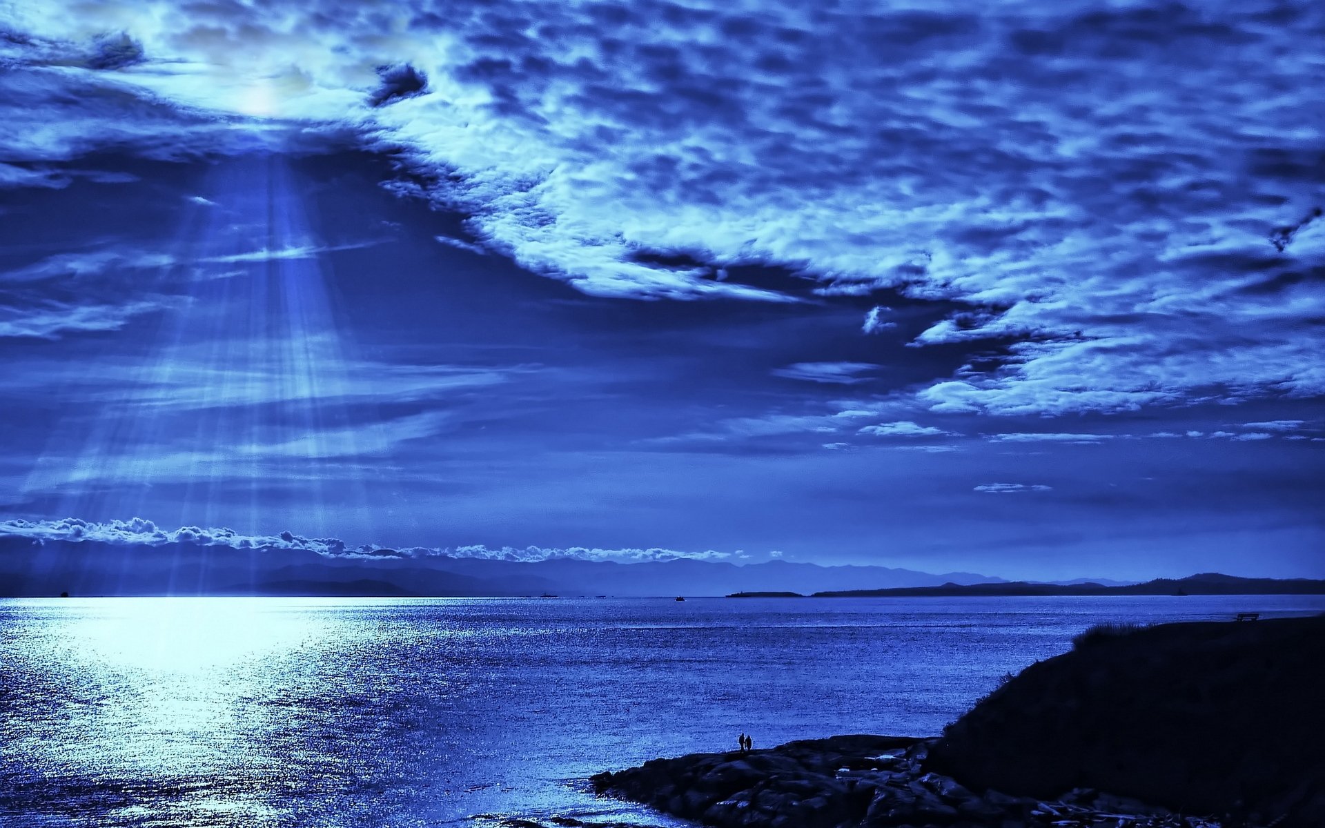 landscape nature sea river water sky clouds light. lights rays reflection people beach island night man shine