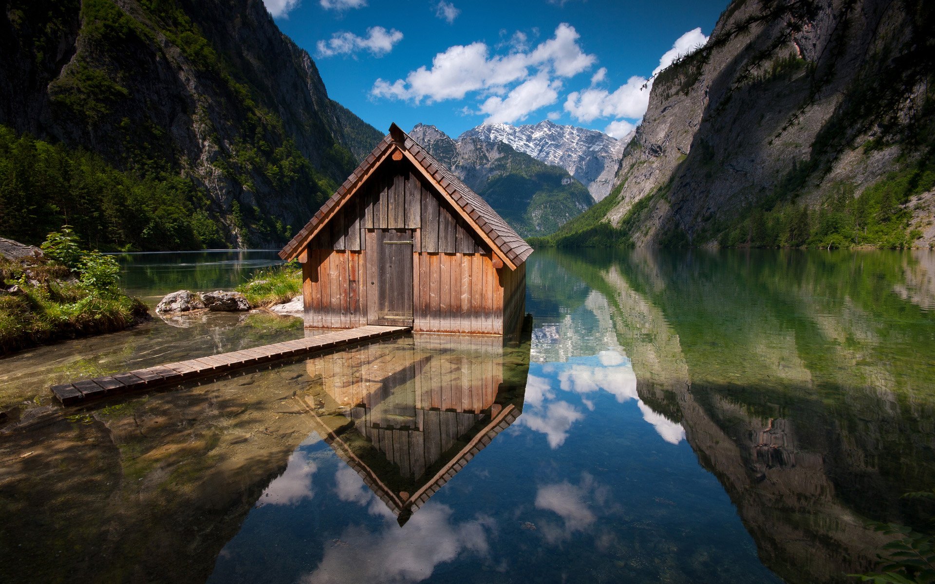 haus see berge wald wolken himmel