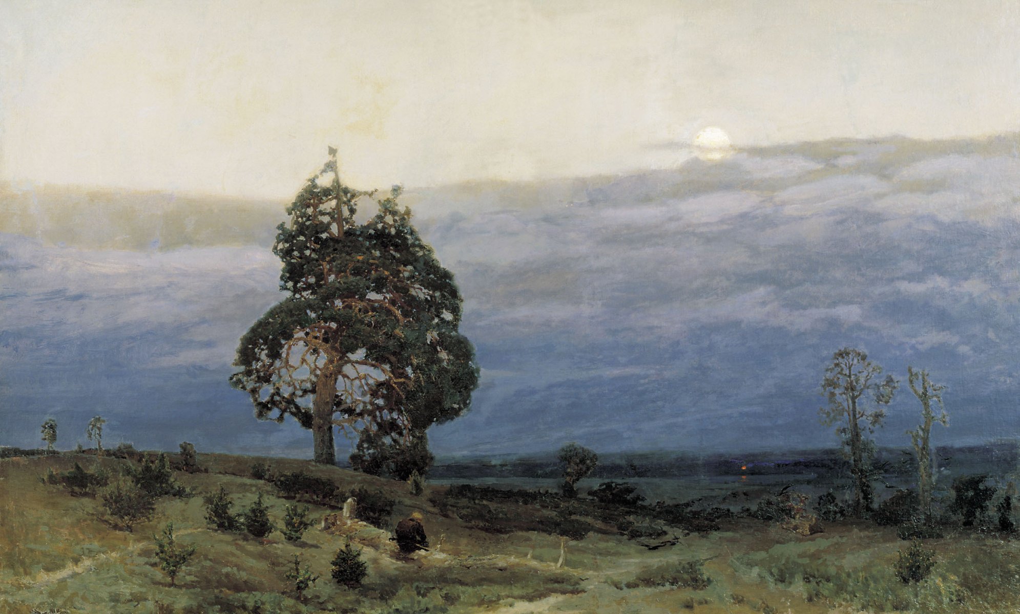 malerei vasnetsov dämmerung landschaft bäume abend mann wolken