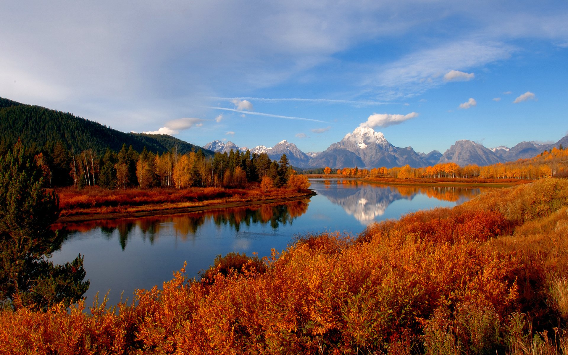 autumn mountain forest river sky