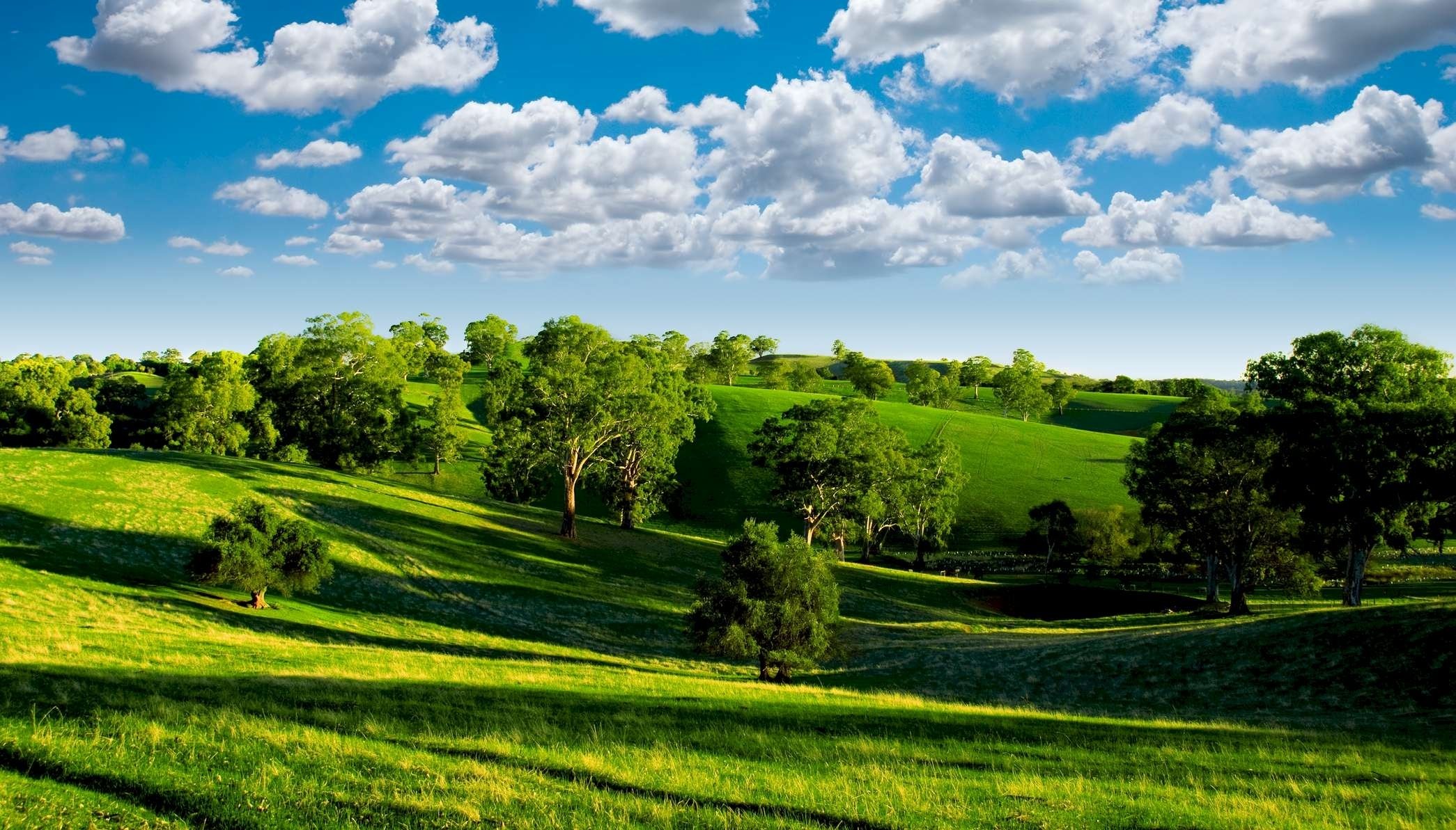 zielona dolina krajobraz natura zdjęcie drzewa błękitne niebo chmury dolina błękitne niebo horyzont