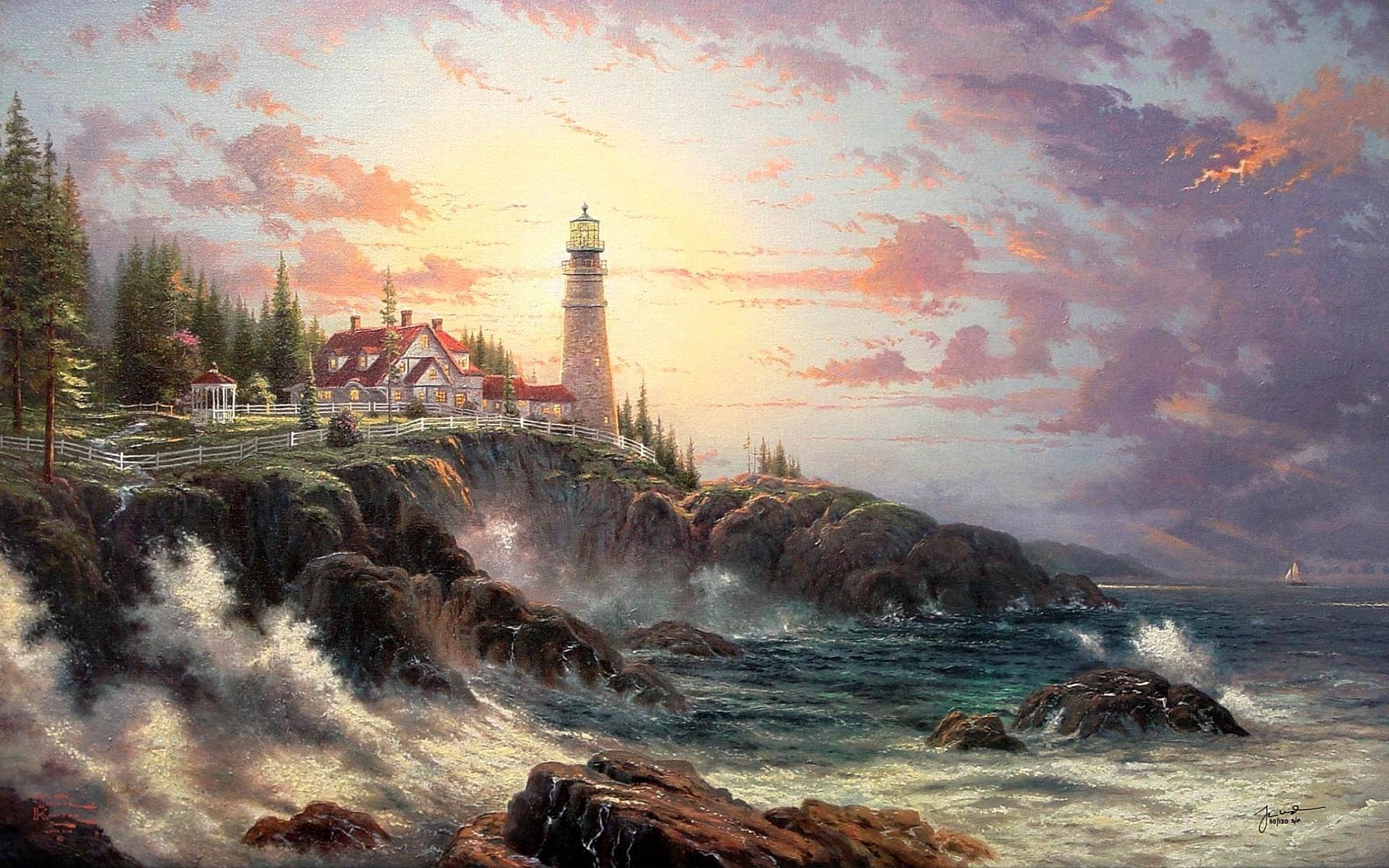 thomas kincaid phare pavillon vagues rivage