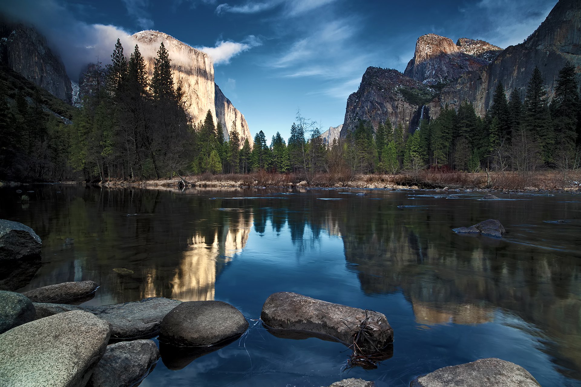 mountain river stones spruce waterfall sky clouds california