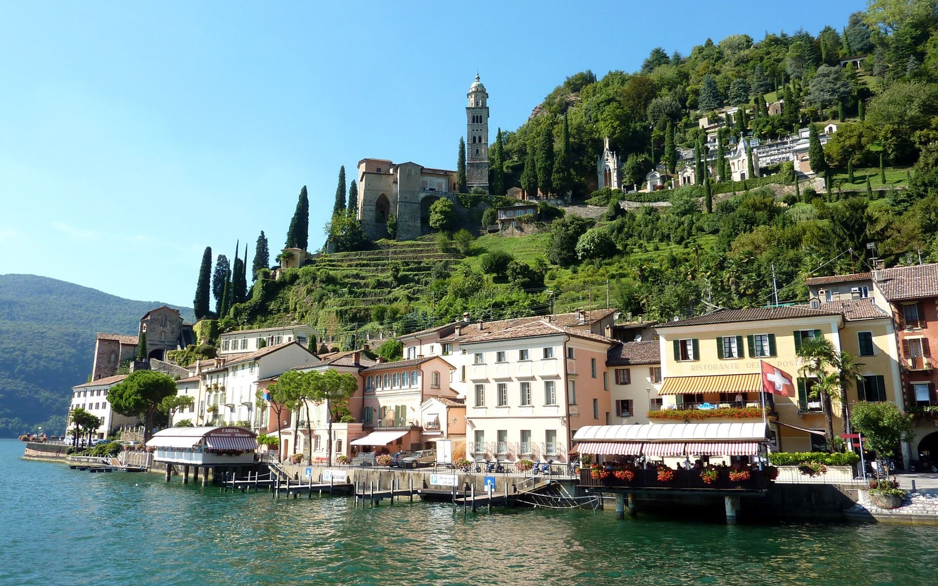 suisse arbres quai lac bâtiments maisons