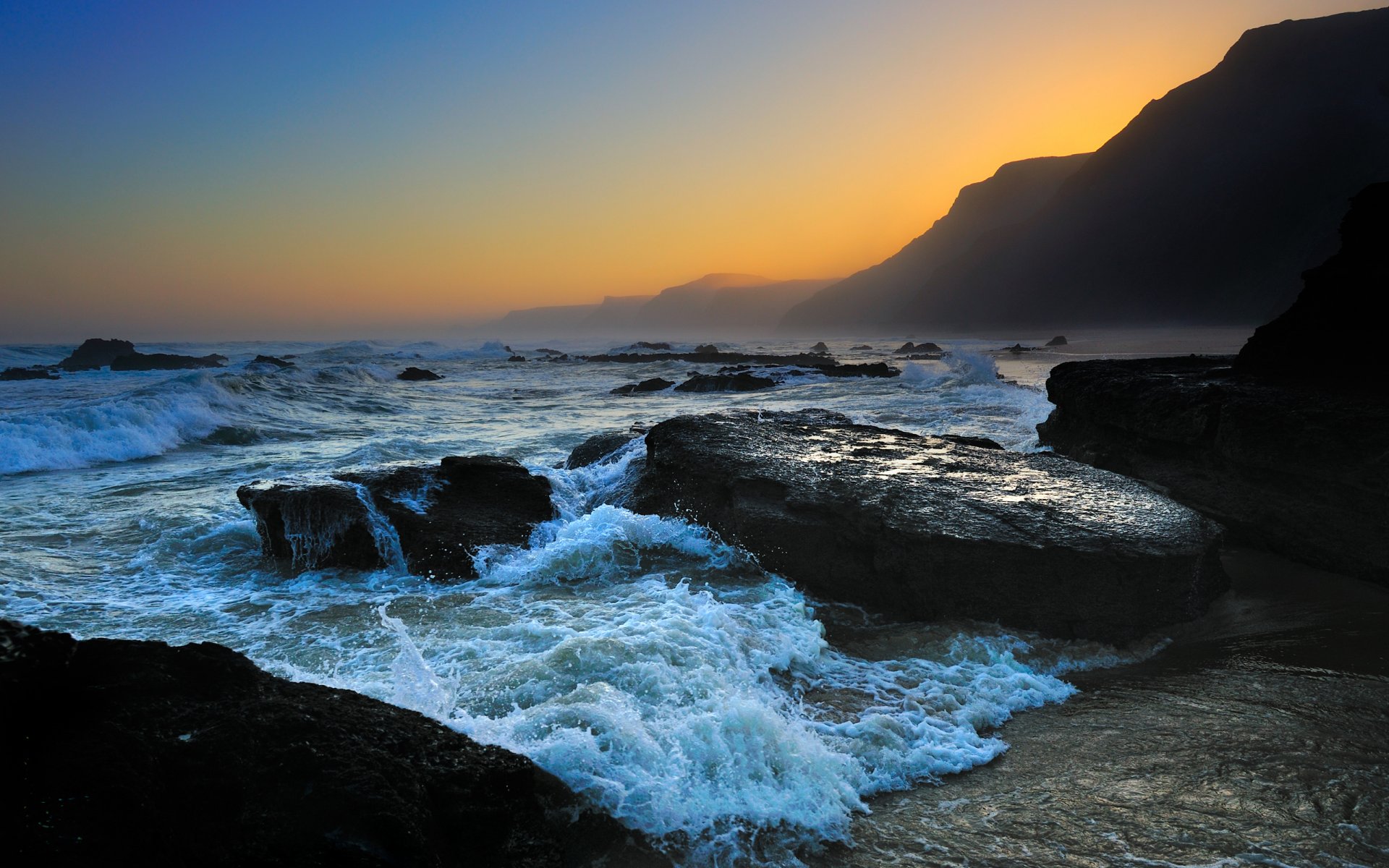 abendlandschaften natur meer wasser ozean welle wellen schaum brazgi tropfen tropfen stein steine felsen felsen küste küste strände berg berge himmel sonnenuntergänge