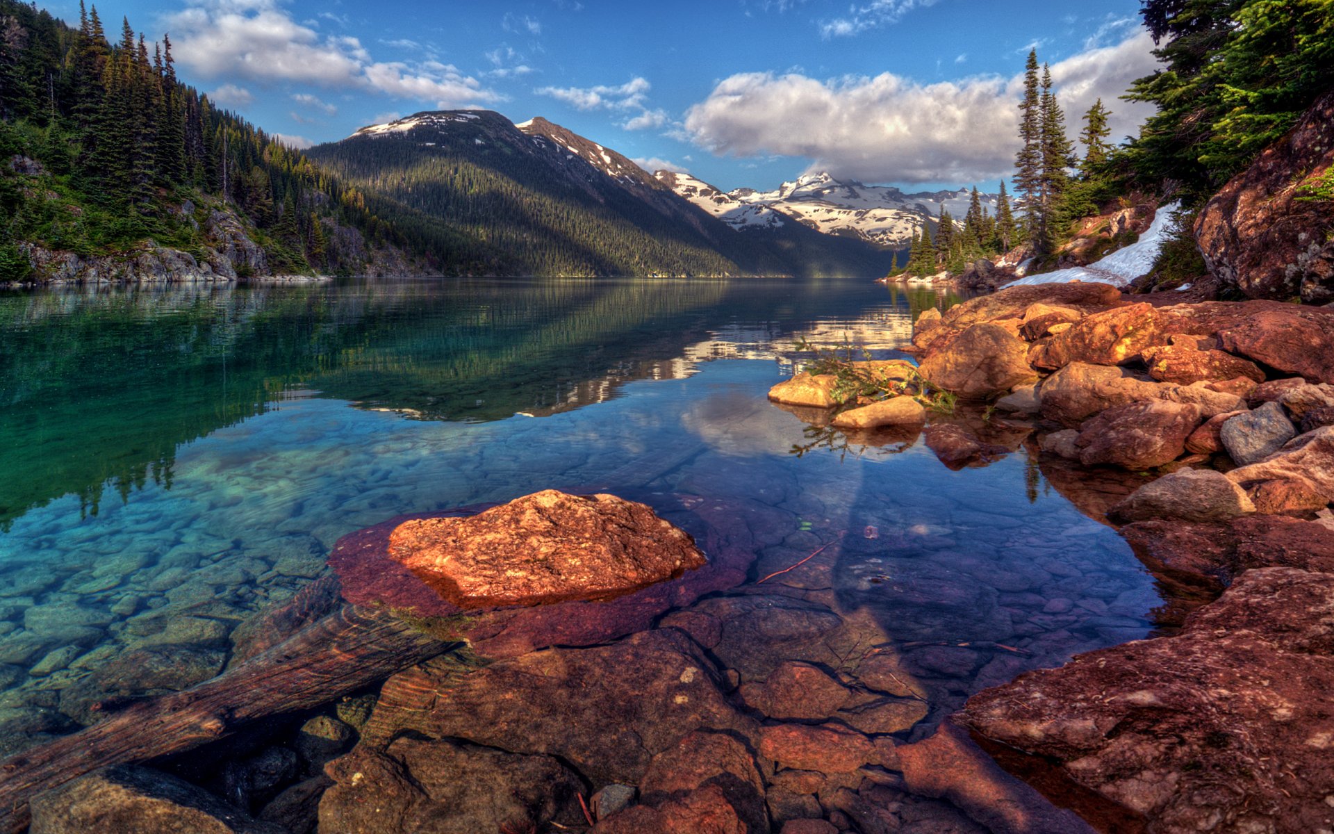 paysage ciel nuages neige montagnes roches pente forêt arbres arbres de noël eau pierres réflexion lac garibaldi canada