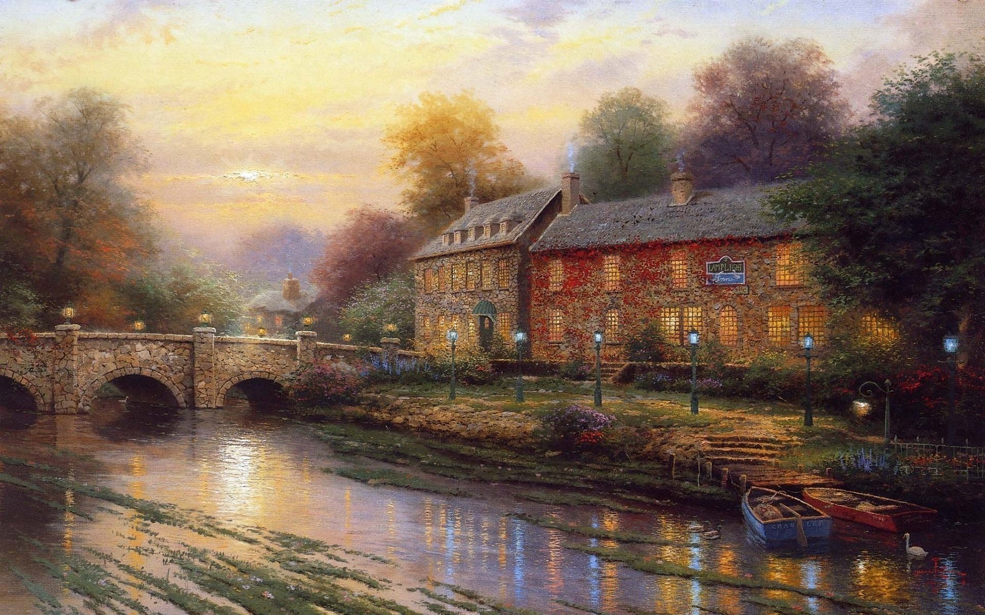 thomas kinkade casa puente barcos linternas río