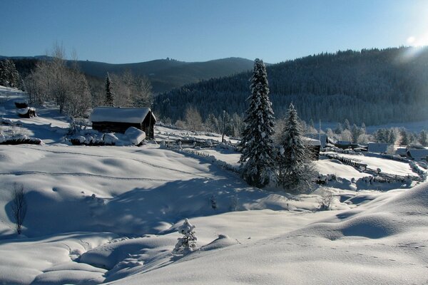 Paisaje de invierno con casa y árboles de Navidad