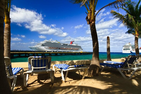 Deck chairs on the background of palm trees and a ship