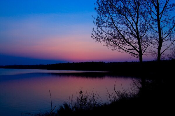 Tranquilo amanecer rosa y río dormido