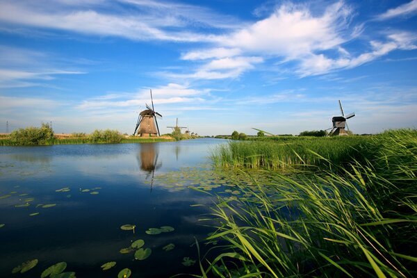 Mulini antichi sulle rive del canale olandese