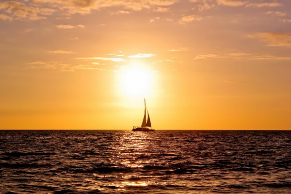 Yacht navigue à l horizon du coucher du soleil