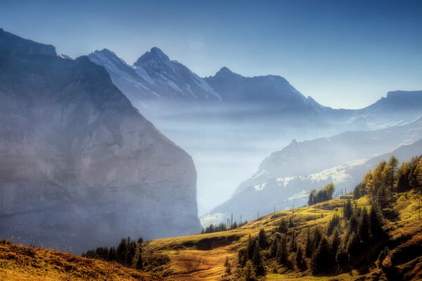 Nebbia nelle montagne tra la pianura