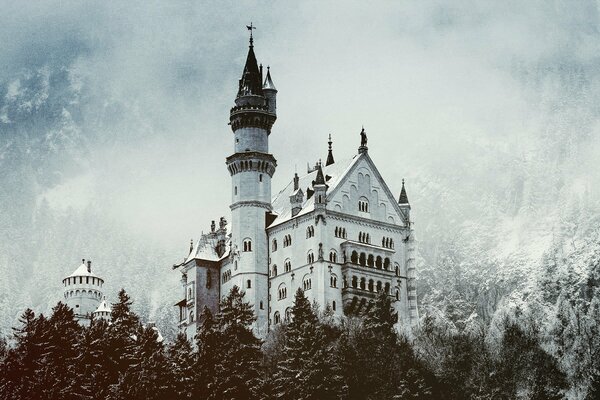 Ein altes Schloss im verschneiten Wald