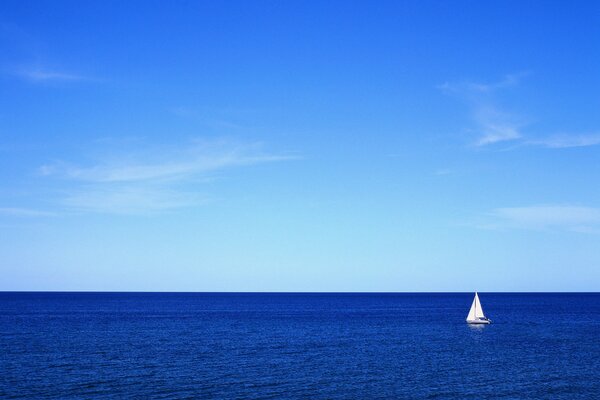 White sail on a background of blue sea and sky