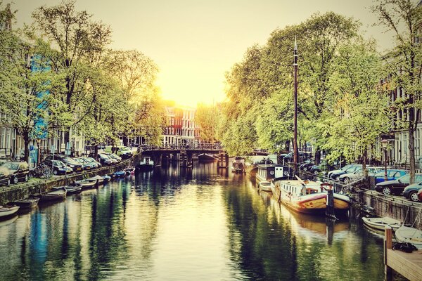 Canal in pre-dawn Amsterdam, deserted morning in Amsterdam