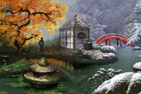 Chinese house at the meeting place of autumn and winter