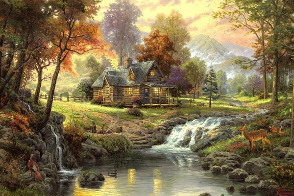 Landscape. A house in the woods in autumn, Thomas Kincaid