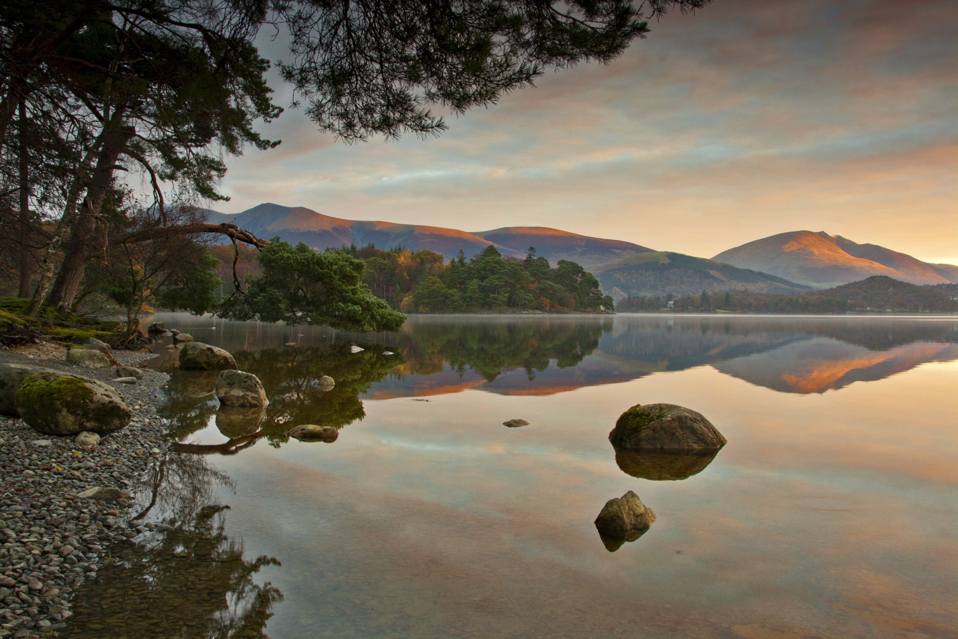 collines forêt lac réflexion matin